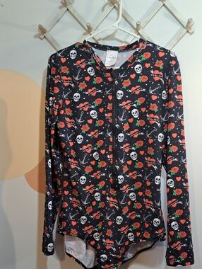 Skull & Rose Long Sleeve One-Piece Swimsuit - Black with Red & Green